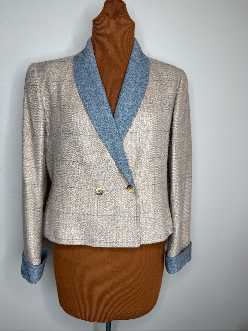 Carlisle Vintage Wool-Blend Cropped Blazer Beige Gray Trim Size 10